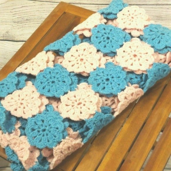 Knitted Wool Blanket Blue/Pink Floral Baby Kids Dorm Bedroom Crochet Throw Quilt - Picture 10 of 11